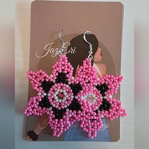 Pink and Black Beaded Flower Earrings